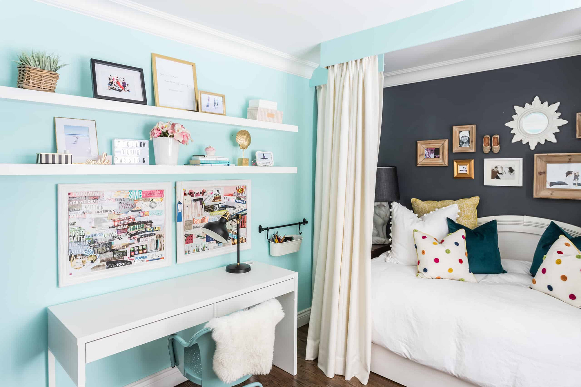 Sky blue walls inside a bedroom