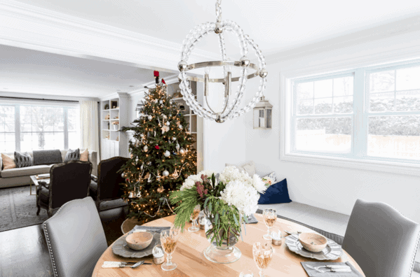 Dining room and living room open concept decorated for Christmas