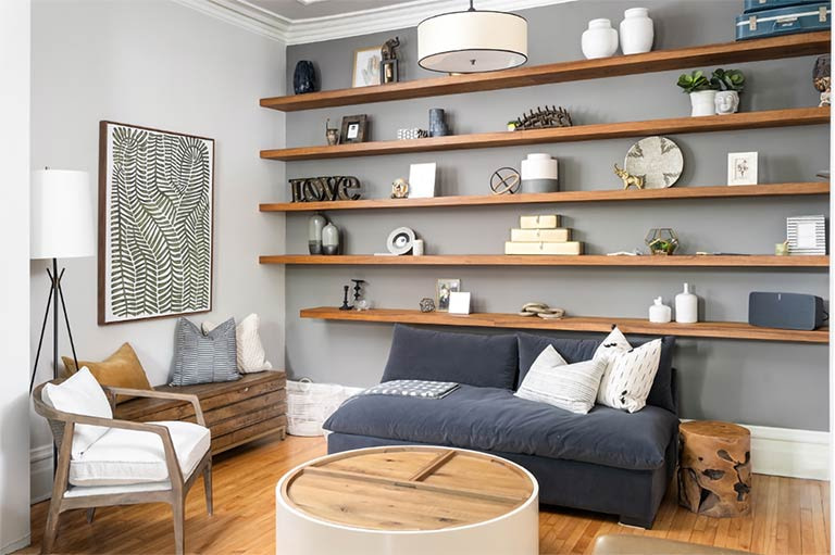 Contemporary open wood shelving