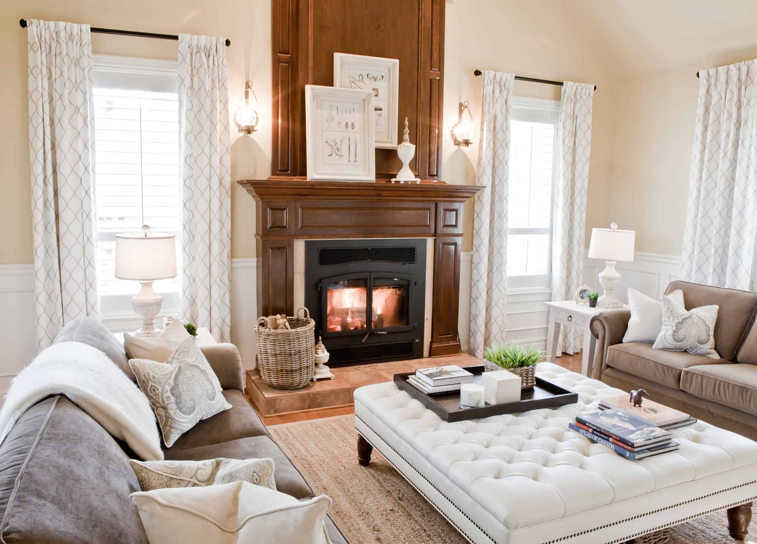 Large fireplace inside a large, modern living room