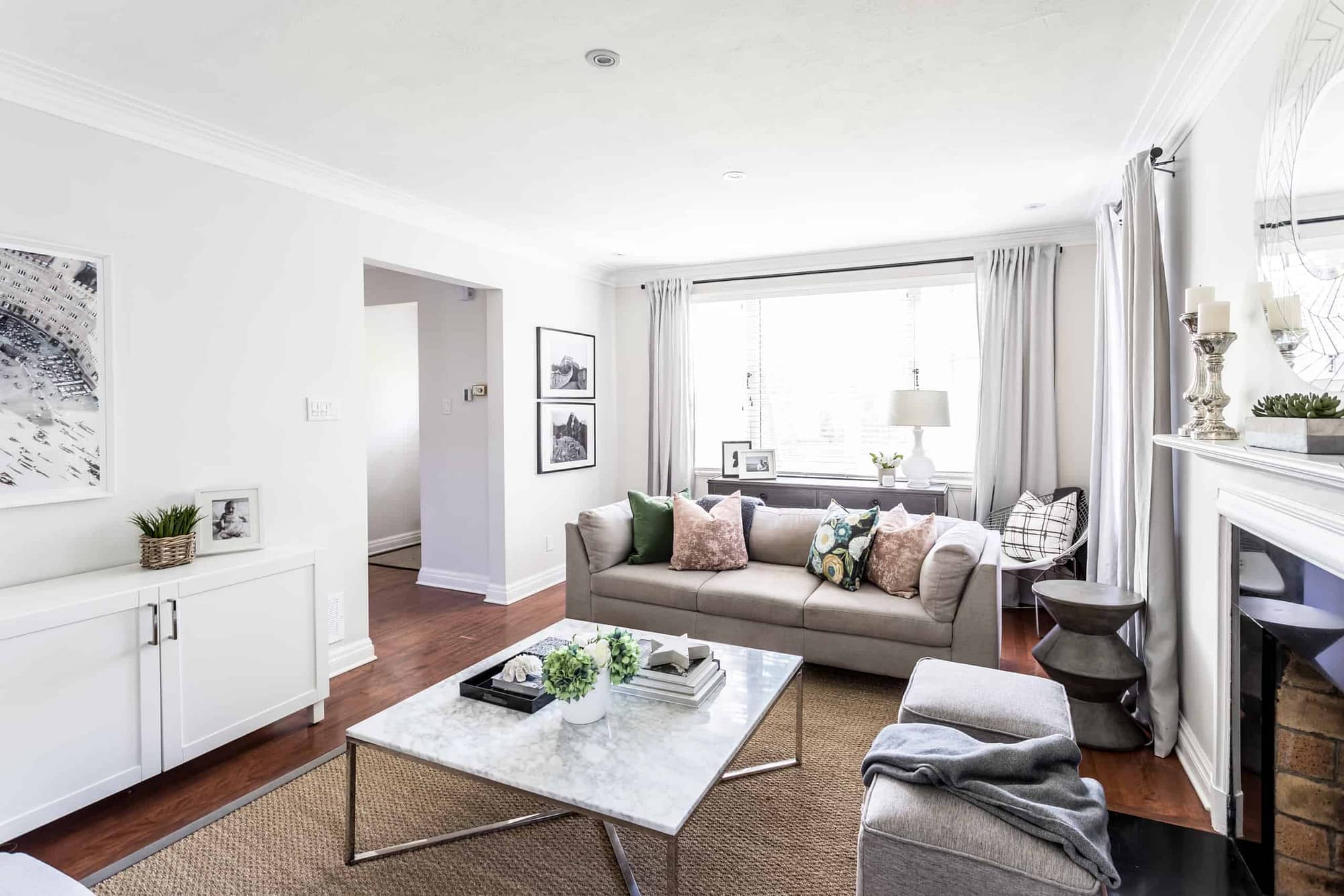 Large marble coffee table within a modern living room